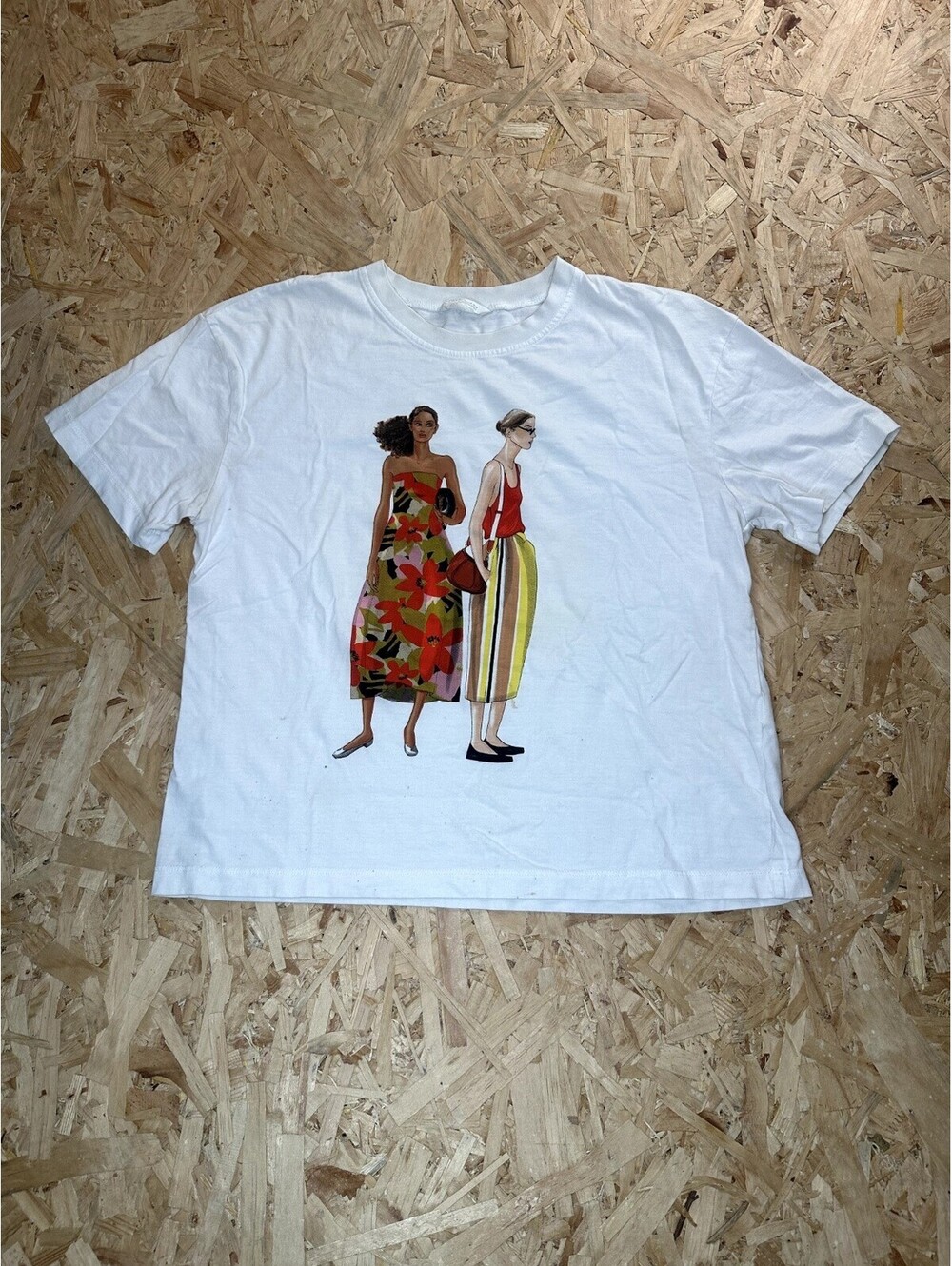 Zara Fashion Illustration Graphic T-Shirt Womens Medium White Crew Neck Tee